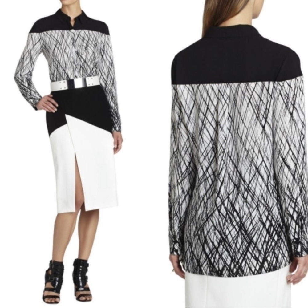 BCBGMaxAzria High Low Hemline Brushstroke Print Long Sleeve Shirt Size XS